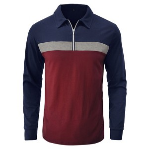 Men's Top Color Block Long Sleeve Polo Shirt Half - Zip Collar Blouse - 1 of 3