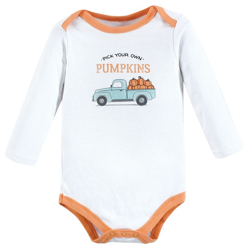 Hudson Baby Infant Boy Cotton Long-Sleeve Bodysuits, Pumpkin Truck 3-Pack, 4 of 7