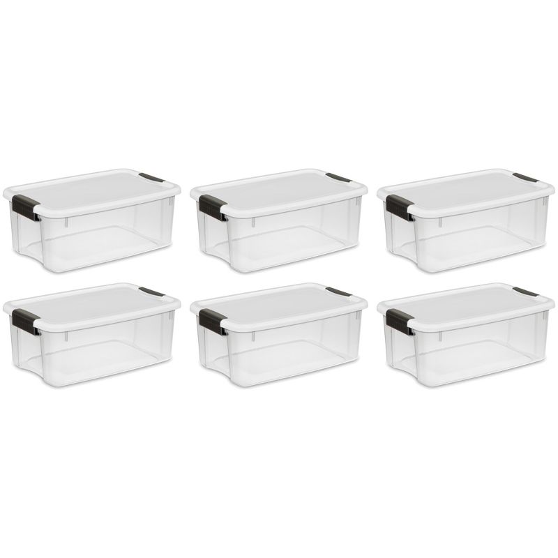 Sterilite 18 Qt Ultra Latch Box, Stackable Storage Bin with Lid, Plastic Container with Heavy Duty Latches to Organize, Clear and White Lid, 6-Pack, 1 of 7