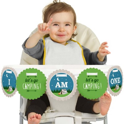 Big Dot of Happiness Happy Camper 1st Birthday Highchair Decor - I Am One - First Birthday High Chair Banner