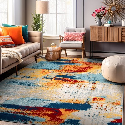 Large Blue and Orange Abstract Synthetic Area Rug
