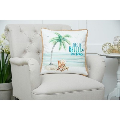 18" White and Beige Cotton Embroidered Coastal Throw Pillow