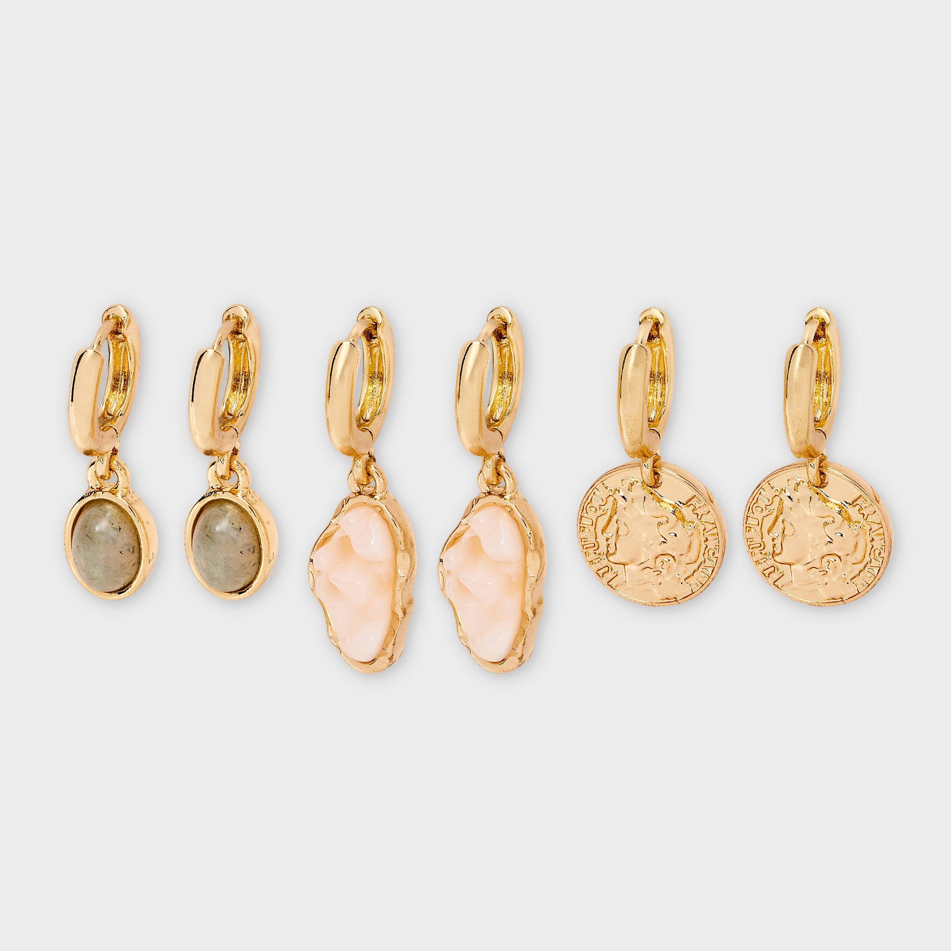Labradorite Stone and Coin Hoop Earring Set 3pc - Universal Thread™ Gold
