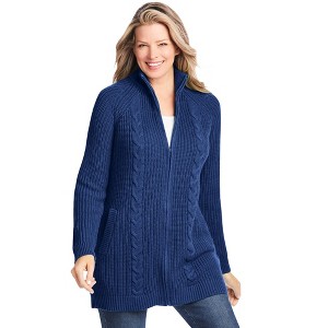 Woman Within Cabled Zip-Front Cardigan - 1 of 4
