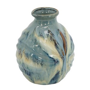 HomeRoots 11" Blue Beige And Brown Abstract Round Ceramic Table Vase - 1 of 4