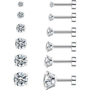 6-Pair Surgical Steel Flat Back Studs - Hypoallergenic Cubic Zirconia Cartilage Earrings, Screw Back Jewelry Set - 1 of 4