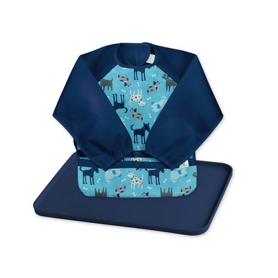 green sprouts Baby Meal & Playtime Set Long Sleeve bib Platemat Navy/Aqua - 2pc