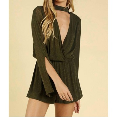 Women's Shimmering Long Sleeve Wrap Romper - Honey Punch
