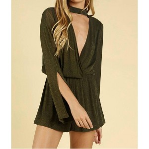 Women's Shimmering Long Sleeve Wrap Romper - Honey Punch - 1 of 4