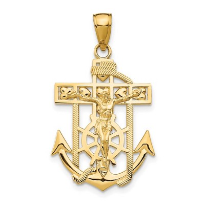 Black Bow Jewelry 14k Yellow or Two-Tone Gold Textured Mariner Crucifix Pendant, 18x33mm