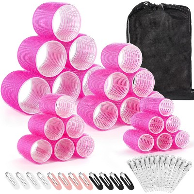 Hair Rollers 48 Pcs Set, 24Pcs Hair Rollers 4 Sizes and 24 Pcs Hair Clips for Long Medium Short Hair (Pink)