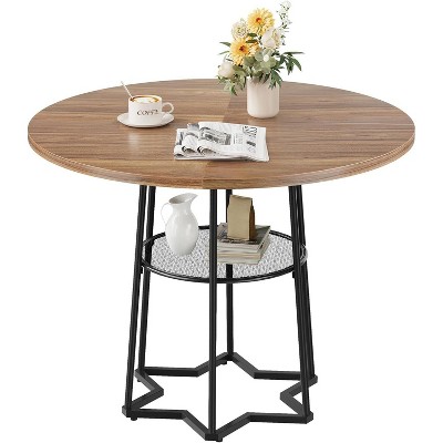 Acekool 38.6" Round Dining Table, Hexagon Metal Base, Hidden Storage Net, Seats 4, Modern Style, Easy Assembly,