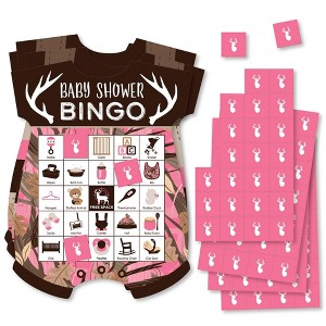 Big Dot of Happiness Pink Gone Hunting - Picture Bingo Cards and Markers - Deer Hunting Girl Camo Baby Shower Shaped Bingo Game - Set of 18 - 1 of 4