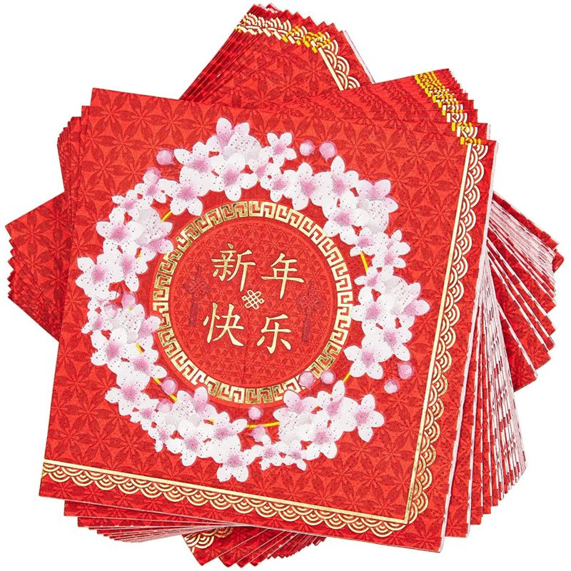 Sparkle and Bash 50 Pack Floral Red & Gold Foil New Year Disposable Cocktail Paper Party Napkins, 1 of 6