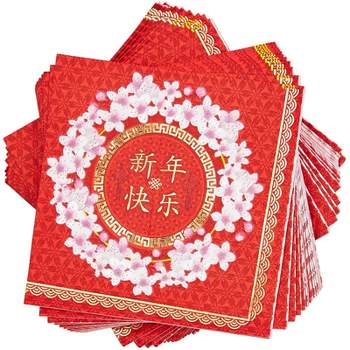 Sparkle and Bash 50 Pack Floral Red & Gold Foil New Year Disposable Cocktail Paper Party Napkins