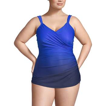 Lands' End Women's Plus Size DD-Cup Slender V-Neck Tummy Control Chlorine Resistant Skirted One Piece Swimsuit