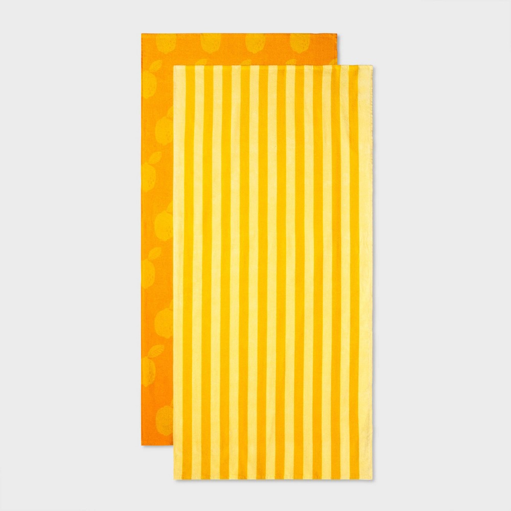 Photos - Towel 2pk Striped Beach  Orange - Sun Squad™