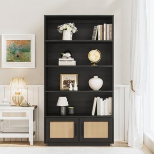 5 Tier Bookshelf with Rattan Doors, Boho Bookcase Storage for Living Room, Tall Wooden Bookshelf Stand for Bedroom Home Office - 1 of 4