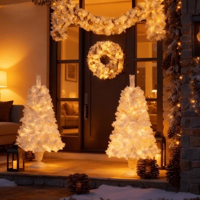 Artificial Christmas Tree Set Pre-Lit Flocked with Garland Wreath Entrance Trees Holiday Christmas Decoration for Indoor Outdoor Home Festival Decor