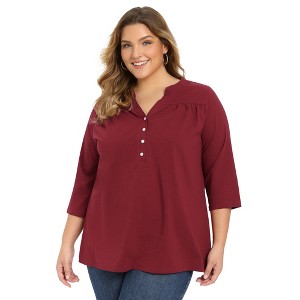 Women's Plus Size Pleated Notch Neck Button Front 3/4 Sleeve Dressy Casual Blouses - GRACE & GRANDEUR - 1 of 4