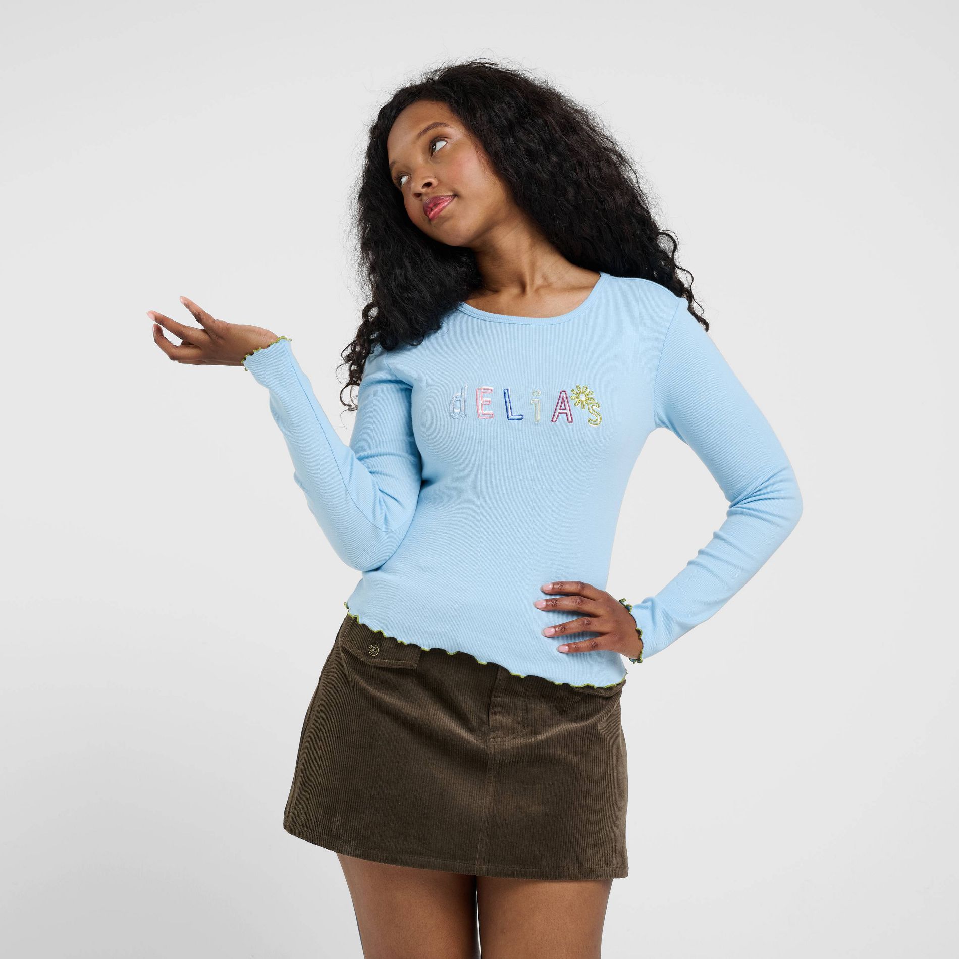 Women's dELiA*s Long Sleeve Graphic T-Shirt - Light Blue XXS