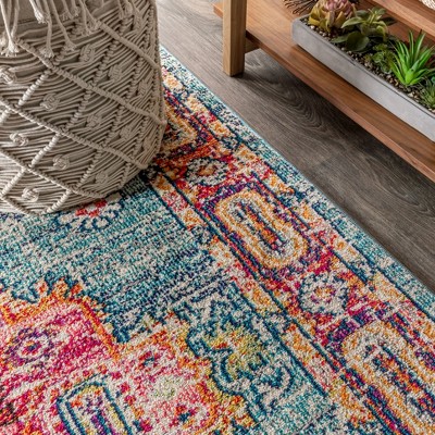 Bohemian Flair Blue and Red Medallion Area Rug