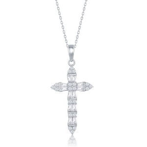 Bella Silver Sterling Silver Baguette CZ Cross 18" Pendant Necklace - Silver - 1 of 2