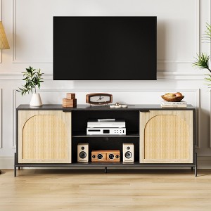 Rattan TV Stand for TV up to 75 Inches, Mid Century Modern TV Console Table with 2 Cabinets and 2 Open Compartments - 1 of 4