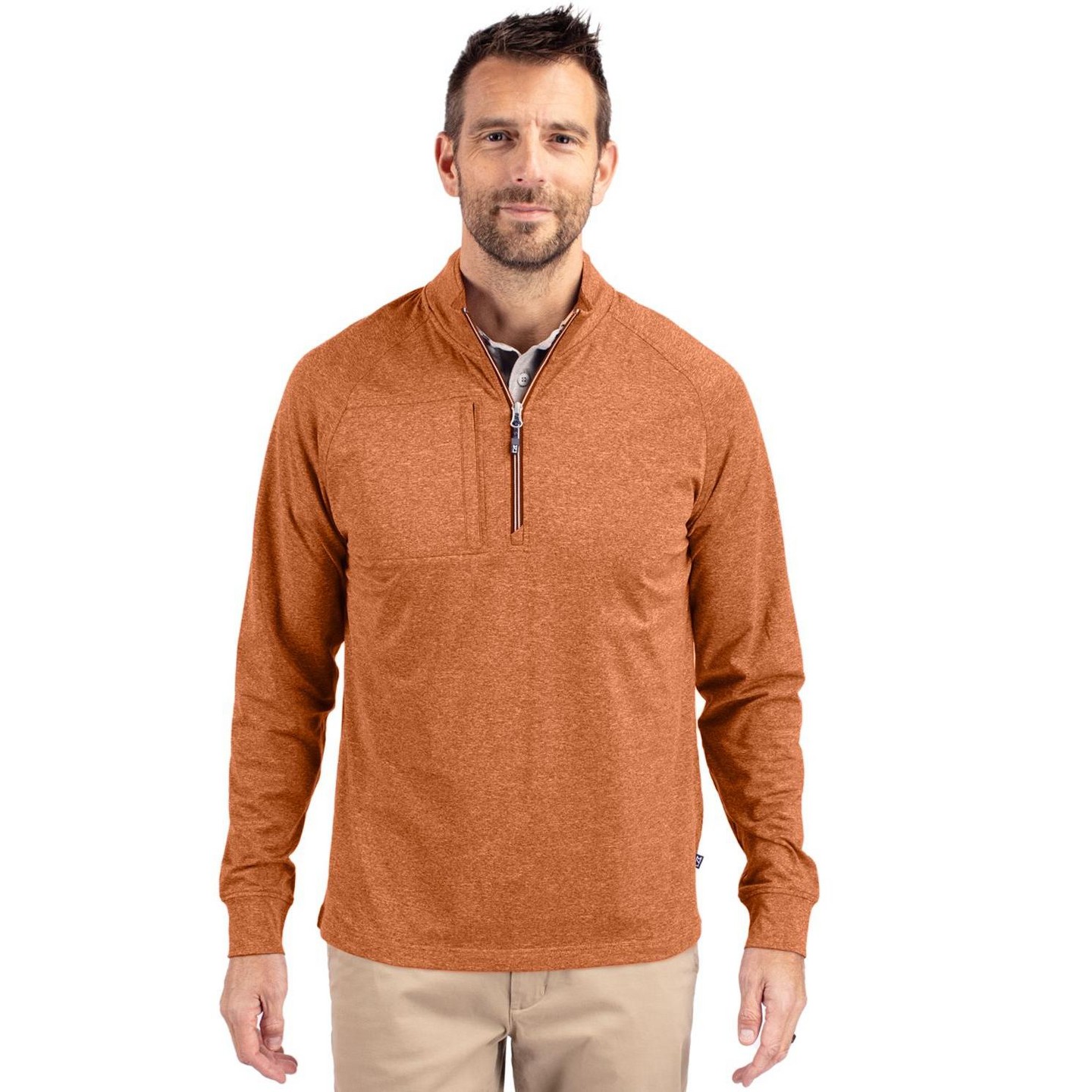 Мужской свитер Cutter & Buck Adapt Eco Knit Heather Quarter Zip Pullover - Texas Orange Heather, цвет: Оранжевый — фото 1
