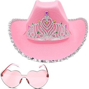 4E's Novelty Preppy Pink Cowgirl Hat – Sparkling Sequin Cowboy Hat with Tiara & Heart-Shaped Sunglasses Set for Women - 1 of 4
