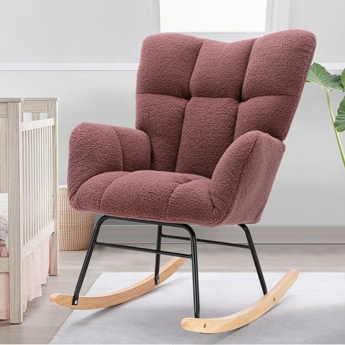 Rocking Chair Nursery,Solid Wood Legs with Teddy Fabric Upholstered,Nap Armchair for Living Rooms,Bedrooms,Best Gift - Pink