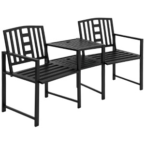Metal Garden Bench with Middle Table and Umbrella Hole, 2-in-1 Double Patio Chairs, Outdoor 2-person Tete-a-Tete, Slatted - 1 of 4