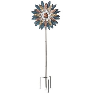 Wind & Weather Metal Wind Spinner with Patina-Like Blue, Golden and Bronze-Colored Leaves with Intricate Filigree Cutouts - 1 of 4