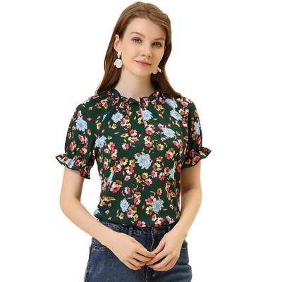 INSPIRE CHIC Women's Ruffled Short Sleeve Floral Mock Neck Summer Top