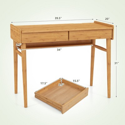 Diagram of desk with measurements and drawer dimensions