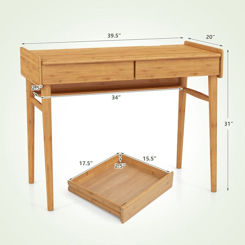 Costway Bamboo Writing Desk 39.5'' Computer Study Desk with 2 Storage Drawers & Open Shelf, 3 of 11