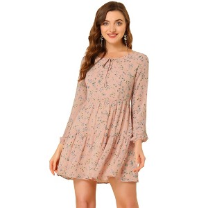 Allegra K Women's Floral Dress Tie Neck Long Sleeve Empire Wasit Tiered Dress - 1 of 4