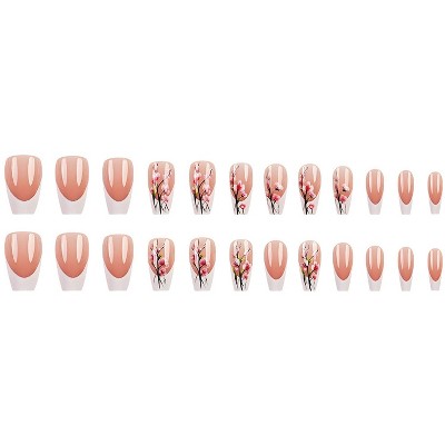 LOVELAY CREATIONS White Short Coffin French Press-On Nails with Plum Blossom