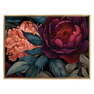 Dark Academia Floral Jewel Tones Canvas Print with Gold Frame