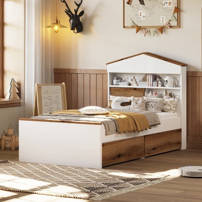 Twin Size House-Shaped Wooden Bed with Storage Shelf on the Headboard, Built-in Two Storage Drawers - ModernLuxe