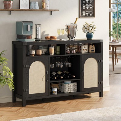 52" Rattan Sideboard Buffet Cabinet with Storage and Wine Racks, Farmhouse Kitchen Buffet Cabinet with Drawer, Boho Coffee Bar with Open Shelves
