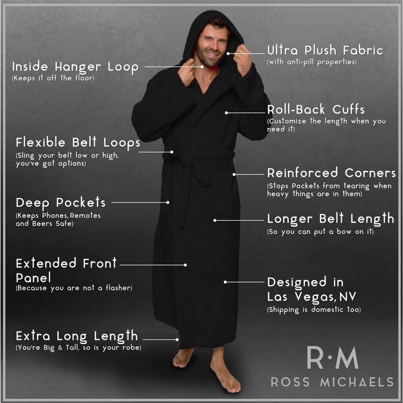 Ross Michaels Men's Big & Tall Robe with Hood, Full Length Long Plush Fleece Bathrobe, 6 of 7