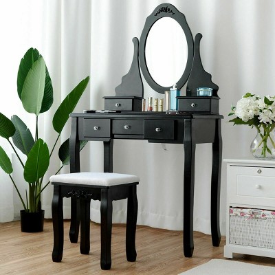 Costway Vanity Jewelry Wooden Makeup Dressing Table Set W/Stool Mirror & 5 Drawers Black