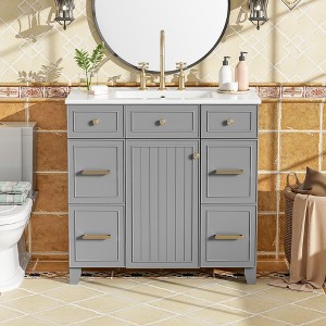 FAMYYT 36 in. Single Sink Freestanding Grey Bath Vanity with White Resin Top, Adjustable Shelves - 1 of 4
