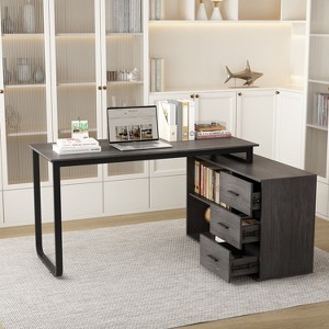 Famapy Gray L-Shape Computer Desk Swivelling Desk Top with Multi-Functional Storage Cabinet - 1 of 4