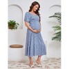 BLUEMING Womens Maternity Dress Puff Short Sleeve Square Neck Flowy Boho Midi Dress for Baby Shower Photoshoot - 3 of 4