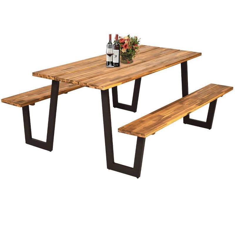 Outdoor Acacia Rectangular Picnic Table with Benches - WELLFOR, 1 of 7