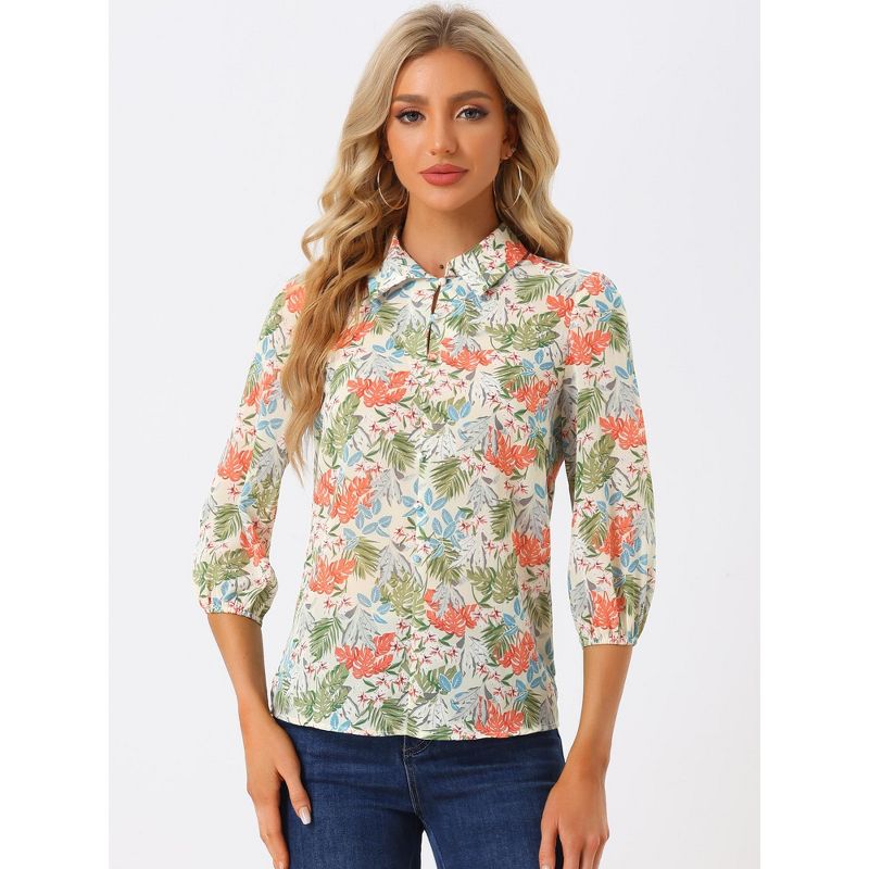 Allegra K Women's Point Collared 3/4 Sleeves Sheer Lightweight Leaves Floral Print Shirt, 4 of 6