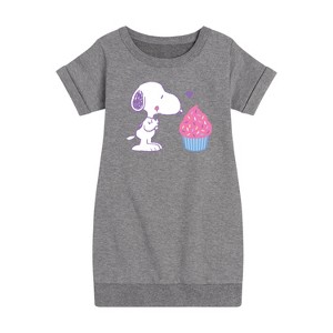 Girls' - Peanuts - Snoopy Heart Cupcake Graphic Short Sleeve Fleece Dress - 1 of 4