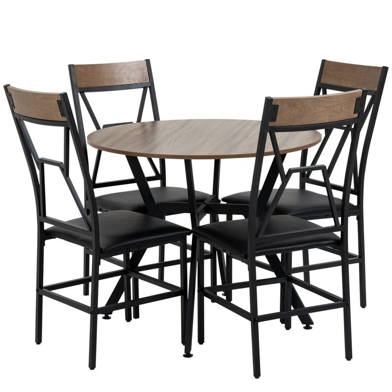 HOMCOM Industrial Dining Table Set Space-Saving Kitchen Table and Chairs Set with Round Table Padded Seat and Steel Frame Brown 5 Piece, 4 of 7